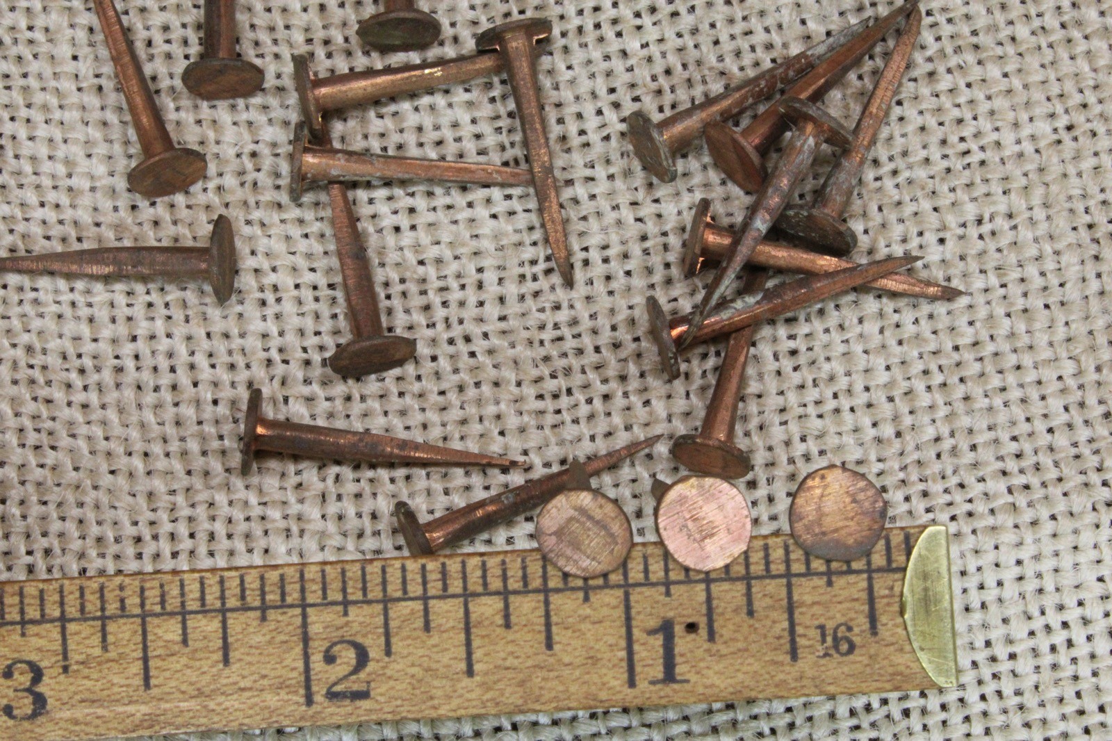 20 old COPPER TACKS 1” nails vintage sharp point 5/16” round flat head solid