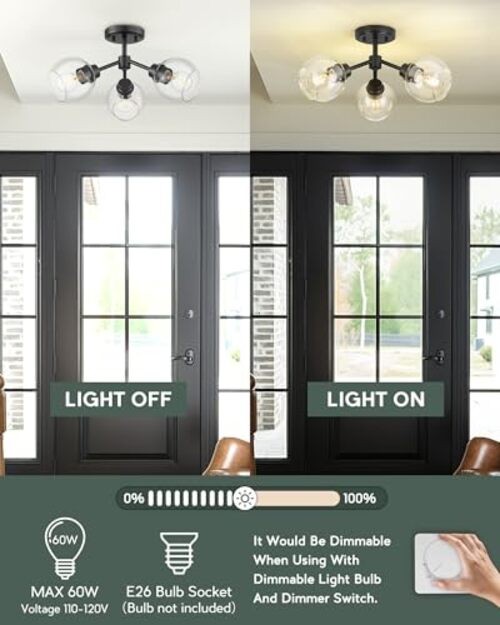 3-Light Semi Flush Mount Ceiling Light, Modern Light Fixtures Matte Black