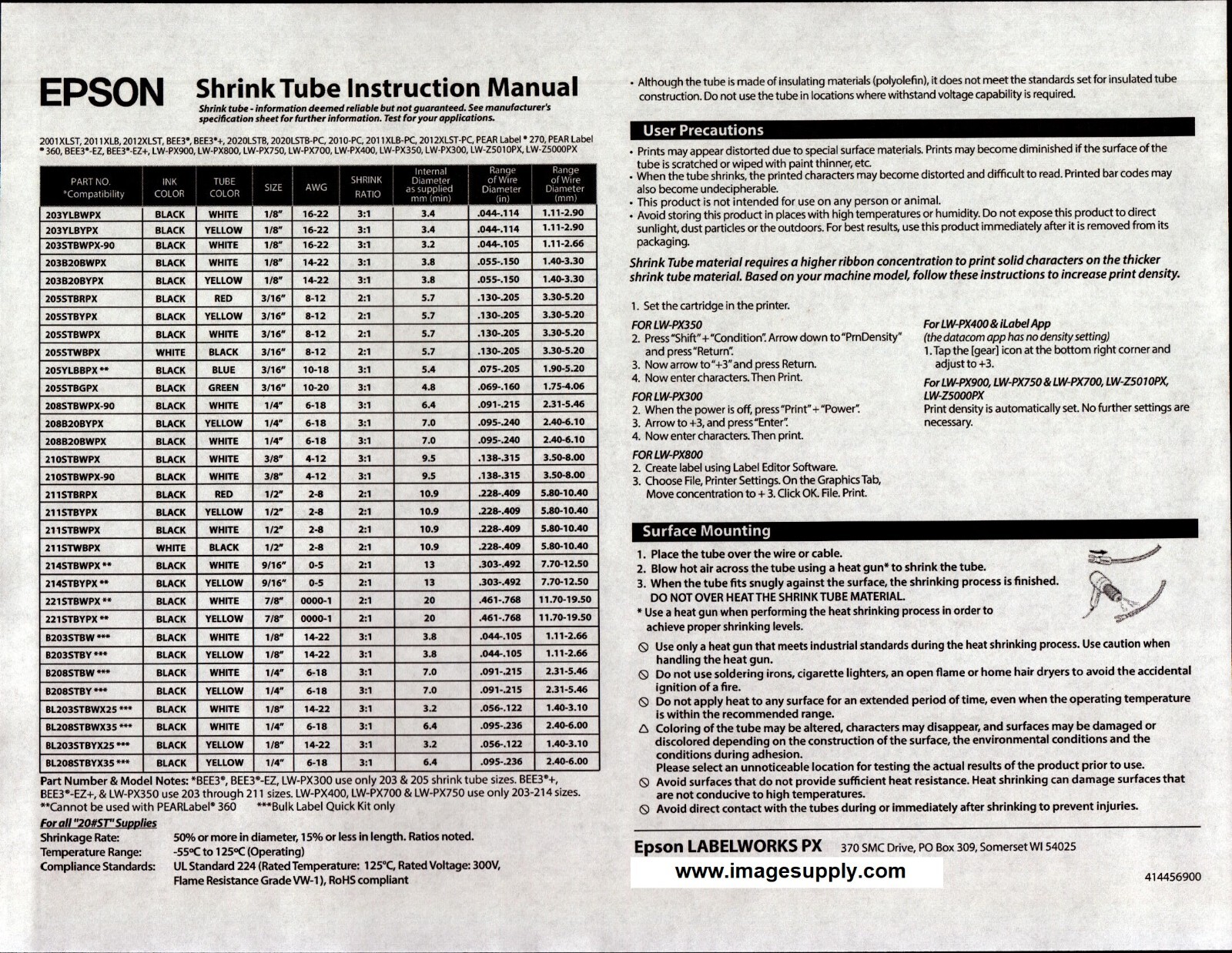 EPSON 203YLBWPX Heat Shrink Tube, Black on White, 1/8" (Formerly 203B20BWPX)