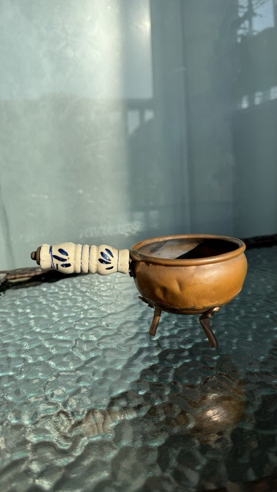 Antique Footed Copper Pot - Posnet With Ceramic Handle