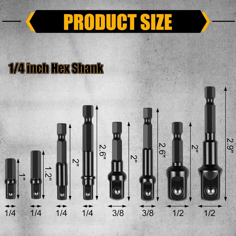 8PCS Drill Socket Adapter Set 1/4 3/8 1/2 Hex Shank Impact Socket Extension