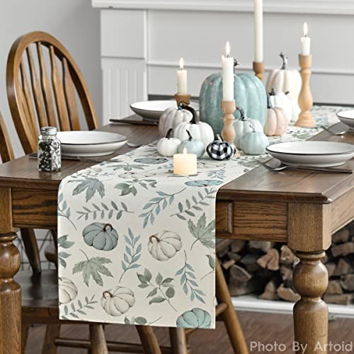 Pumpkins Fall Eucalyptus Leaves Table Runner, 13" x 72", Table Runner Blue
