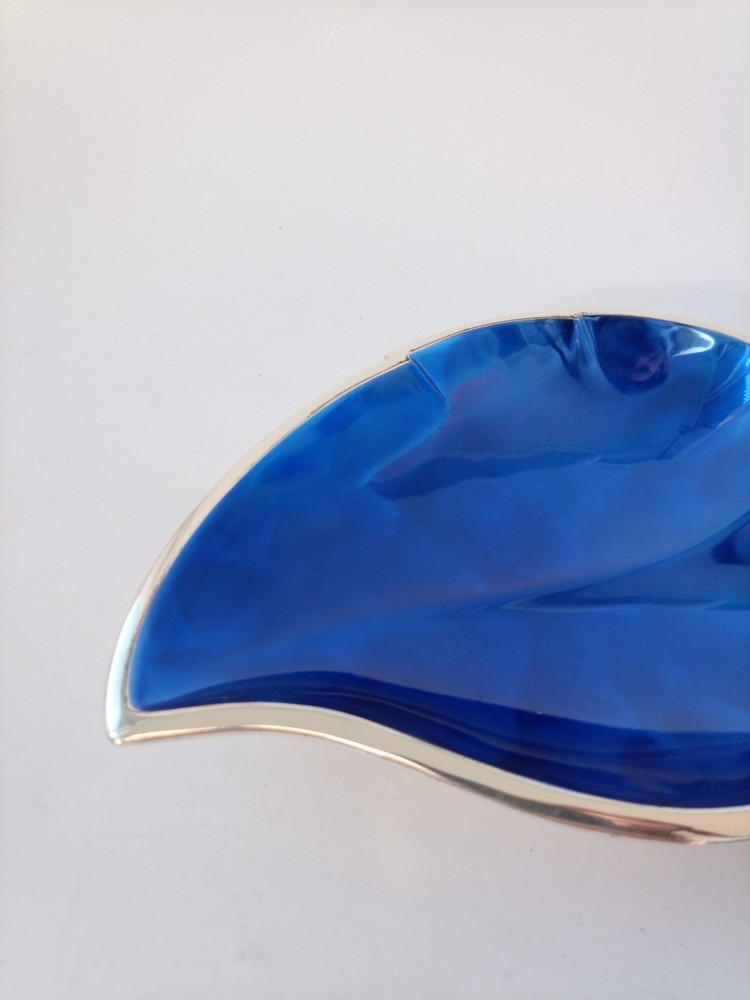 Vintage MCM Dekra Silver Plated BLUE ENAMEL Dish Bowl Leaf Shaped 7"