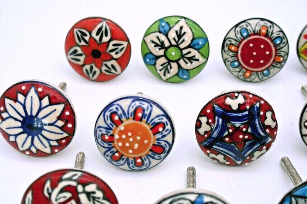 Indian 20 Pc Cabinet Hand Painted Colorful Ceramic Door Knobs Pull Handles