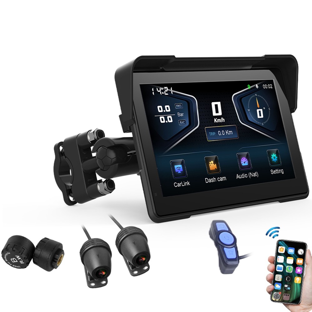 7 Inch Motorcycle Navigation GPS Wireless Carplay Android Touch Screen + TPMS