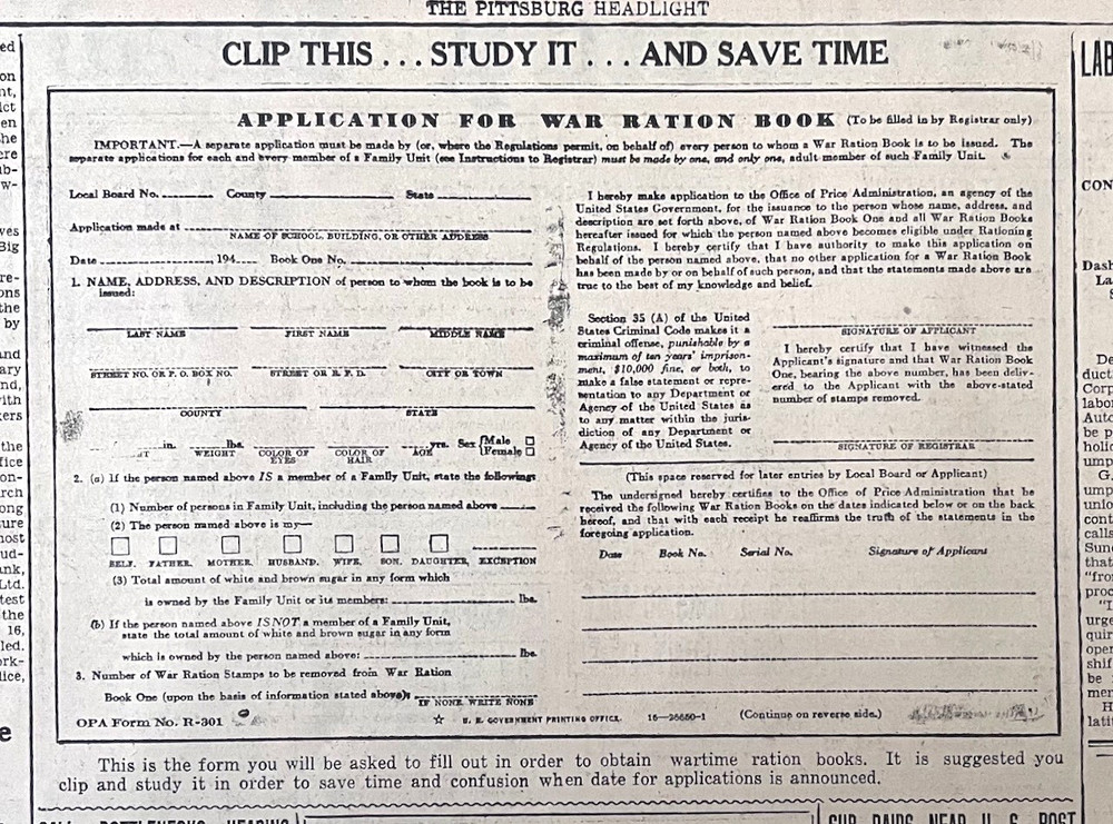 1942 newspaper clipping - sample application for World War Two  War Ration Book