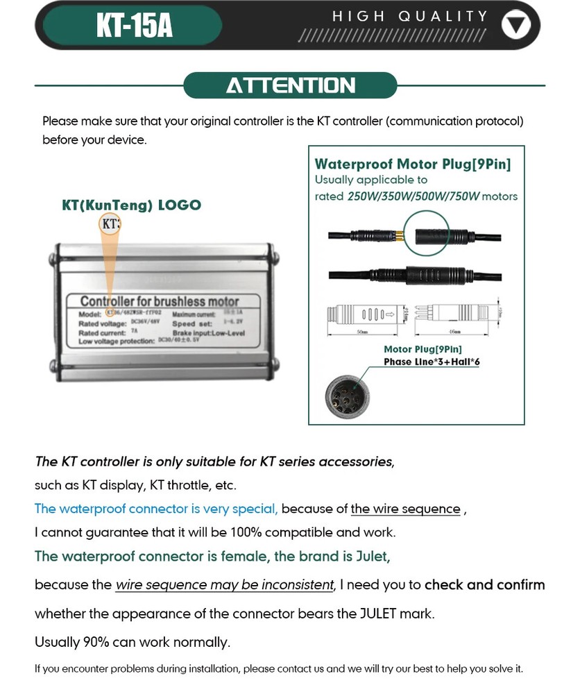 36V 48V 15A Controller Waterproof Conversion Kit with Display Throttle PAS 1T4
