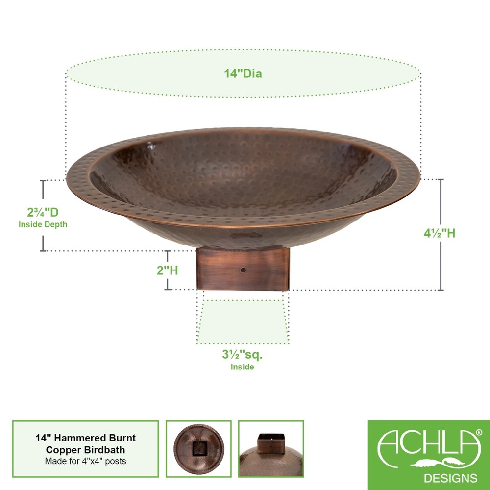 14" Hammered Copper Birdbath for 4x4 Post
