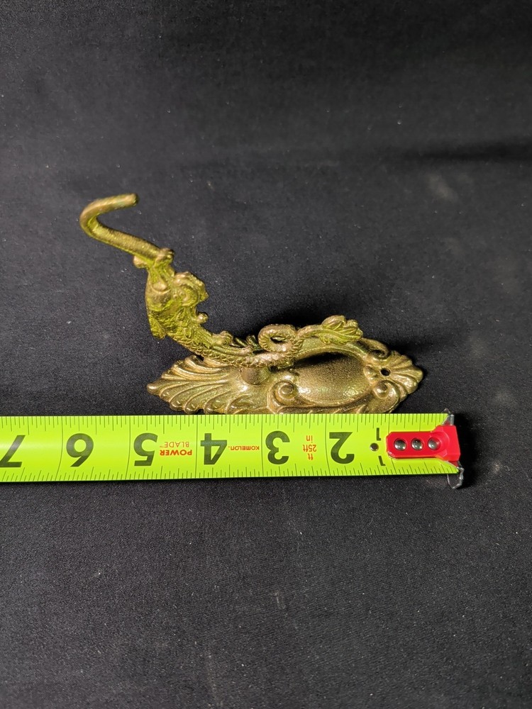 Vintage Ornate Solid Brass Planter Bracket Hook Fish Shaped Detailed Backplate