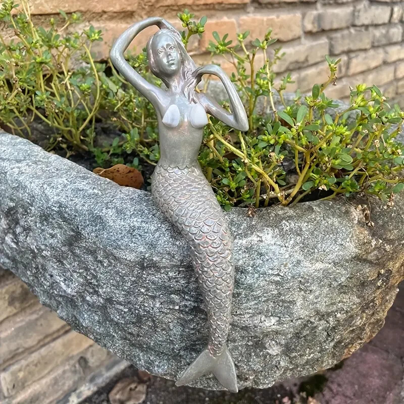 NEW 8" Vintage Silver Style Shelltop Mermaid Sits Resin Figurine Sculpture 8x2.4