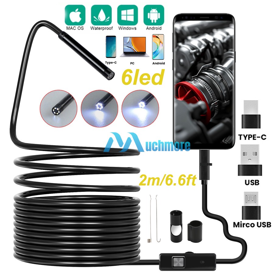 2M 6LED Borescope Endoscope HD Snake Inspection Camera 3in1 for Android PC IOS