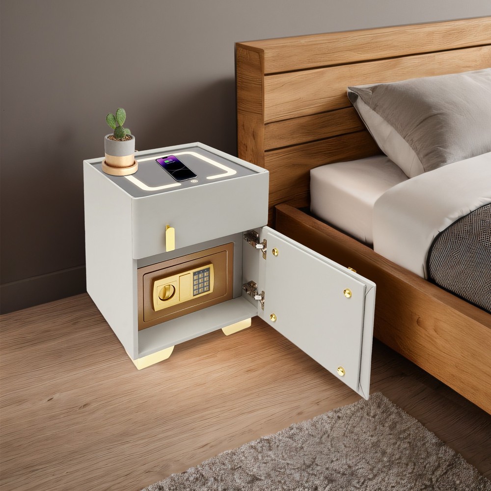 Phone Charging Bedside Cabinet, Grey, Bedside Table with Safe+Combination Lock