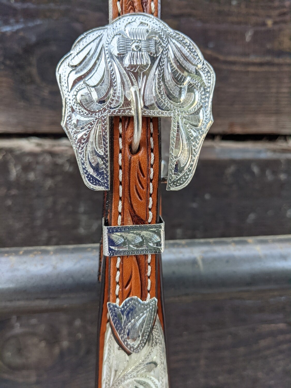 Western Silver Show Headstall - Double Ear - Wide Ranch Cheek - Medium Oil