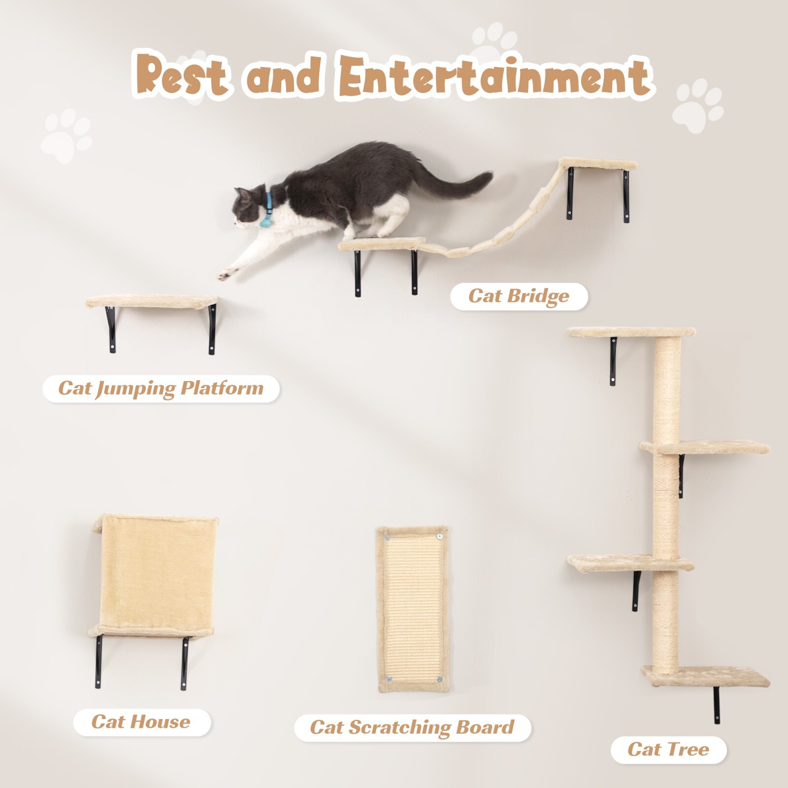 COZIWOW 5 Pcs Wall-Mounted Cat Climber Set Wood Indoor Cat Furniture Cat Shelves
