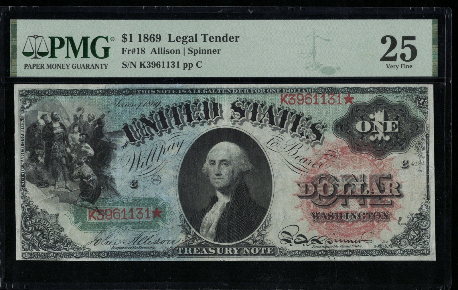SC 1869 $1 Fr.18 “Rainbow” Legal Tender *Great Color!* - PMG 25 VF (131)