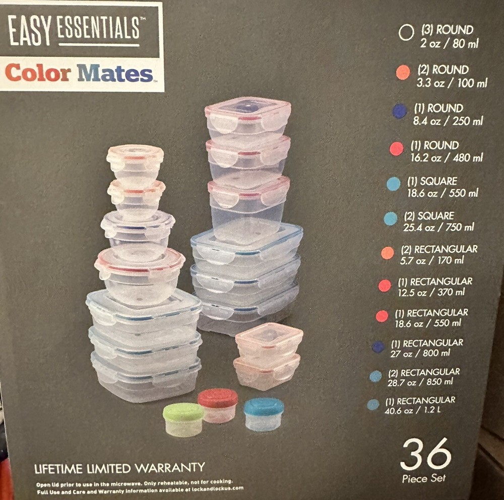 Tupperware Easy Essentials Color Mates 36 Piece Set