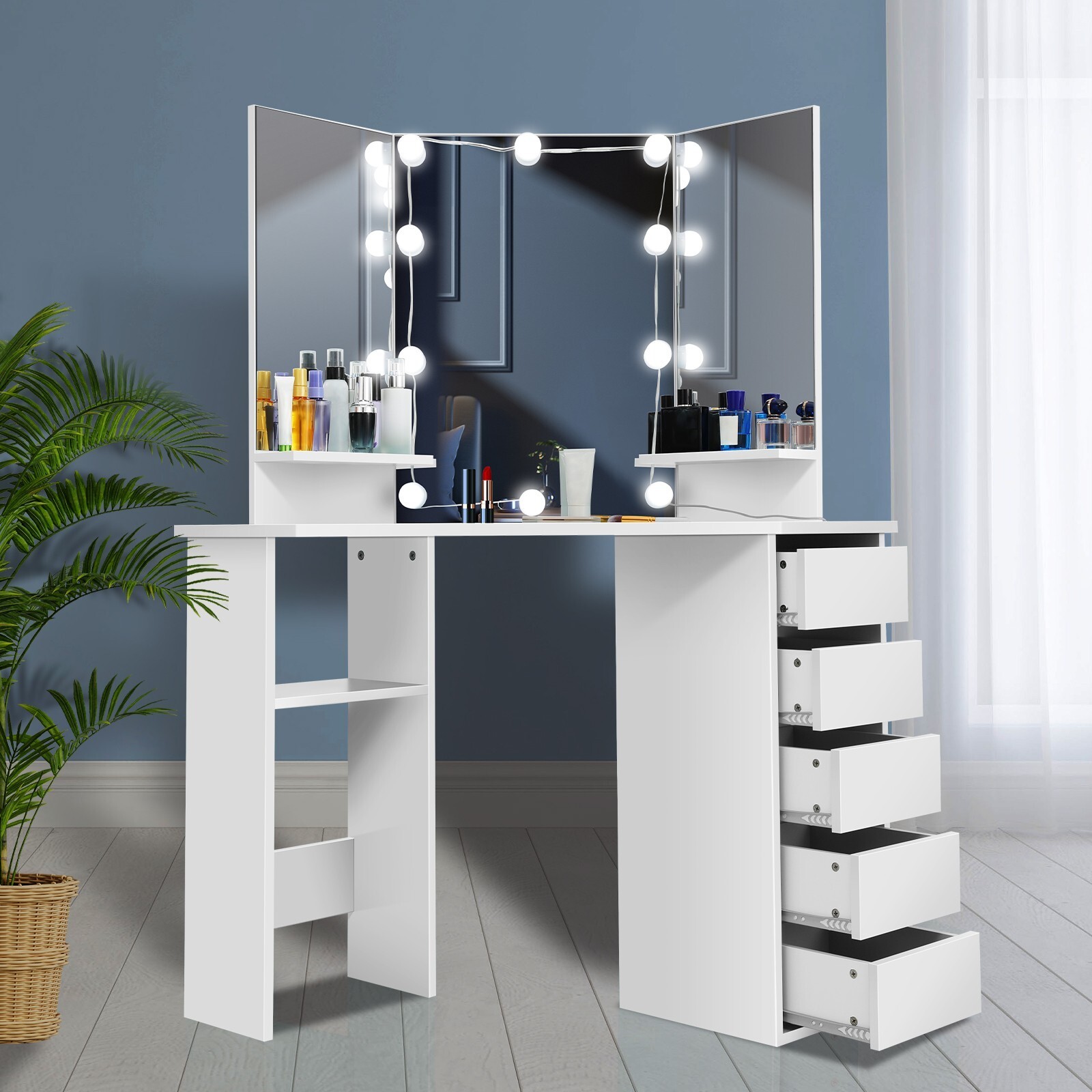 Corner Makeup Vanity Desk Bedroom Vanity Table with Lighted Mirror Girls Vanity~