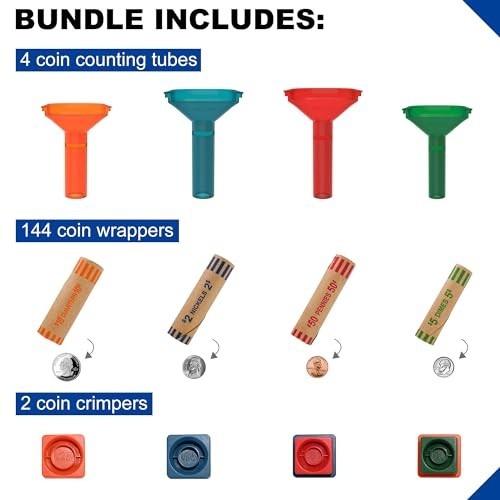 144 Pcs Assorted Coin Wrapper Rolls with Color Coded Tubes & Crimping Tool