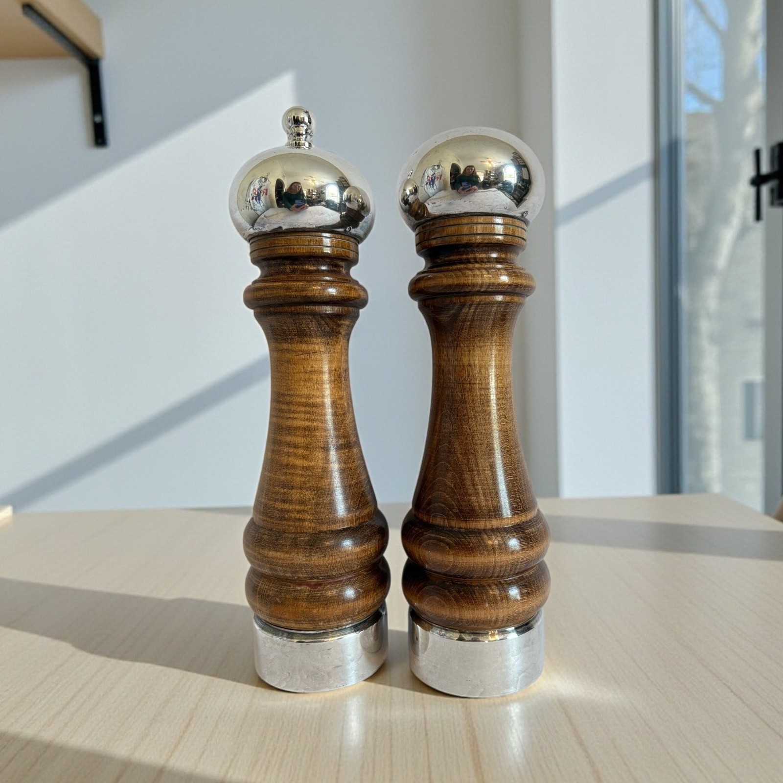 Vintage Borel Tall Sterling Silver Wood Pepper Mill Salt Shaker Set French Maker