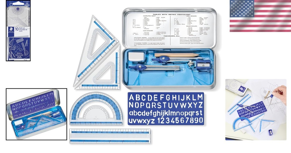 Durable 10-Piece Geometry Set: Precision Compass, Ruler & Alphabet Stencil