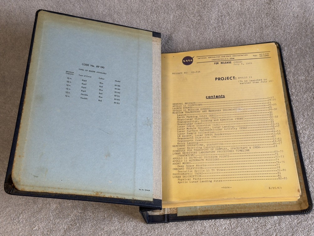 Original Apollo 11 Official NASA Moon Mission Schedule Folder Info Pack 1969