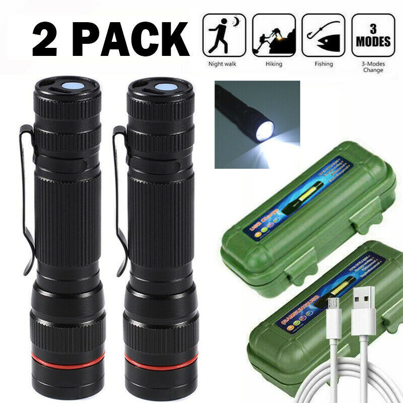 2 Pack LED Flashlight USB Rechargeable Super Bright Torch Lamp Tactical Light