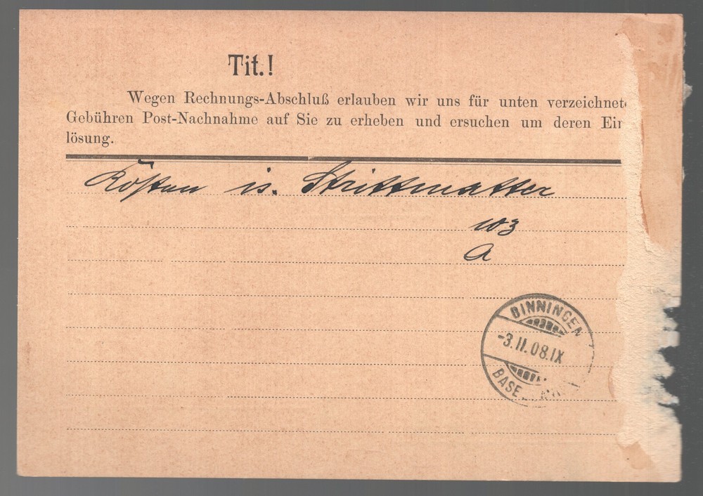1908 Switzerland Arlesham Binningen Postal Card