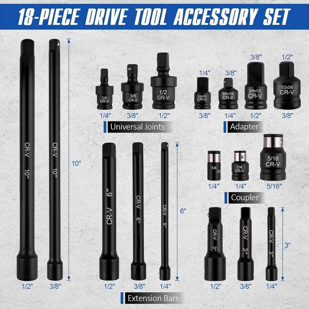 Piece Professional Impact Socket Extension Set with 1/4", 3/8" & 1/2" Drive E...