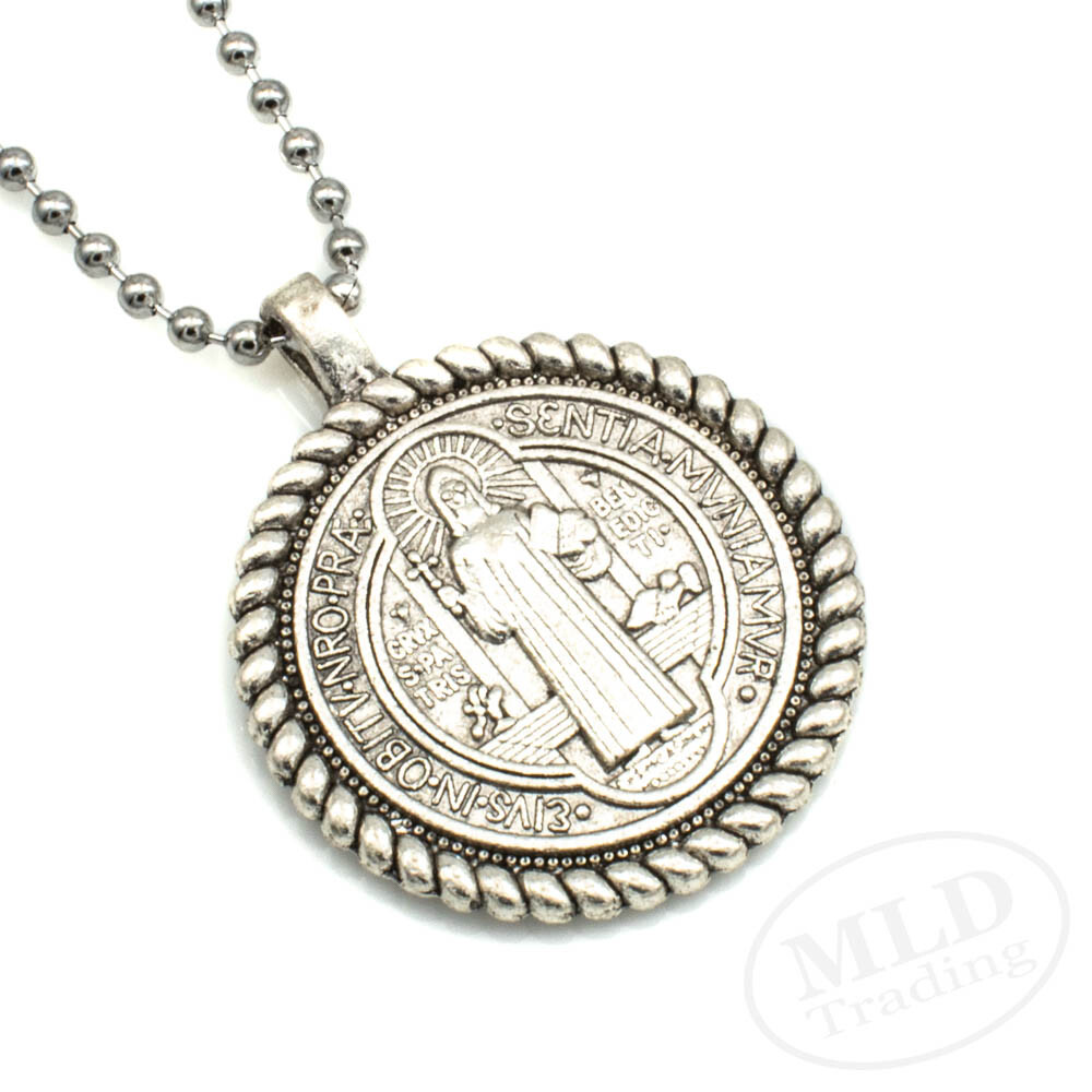 Knot Border Saint St Benedict Medal Pendant Necklace 24" Ball Chain Silver Tone