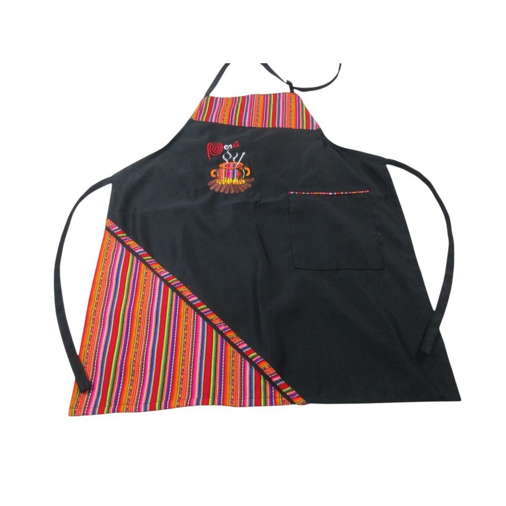 Peru Peruvian Design Kitchen Apron Black Chest Pocket Lightweight Neck Strap