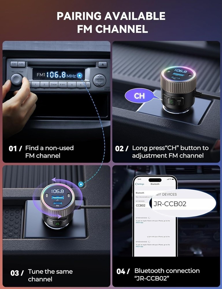 Bluetooth 5.4 FM Transmitter Car Adapter for iPhone 17 60W PD 3.0 Fast Charge...