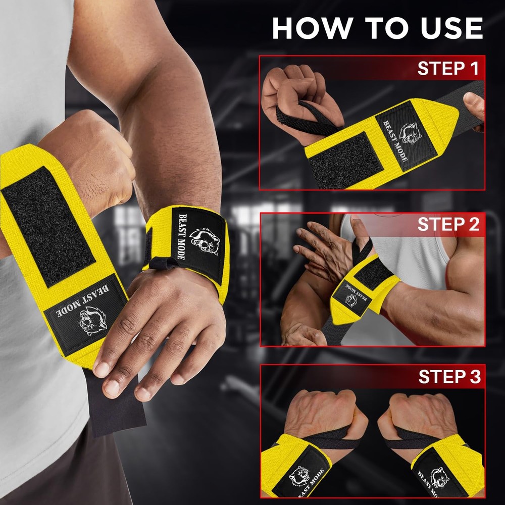 Weightlifting Wrist Wraps with Thumb Loop – Yellow – Beast Mode – 18 inch – H...