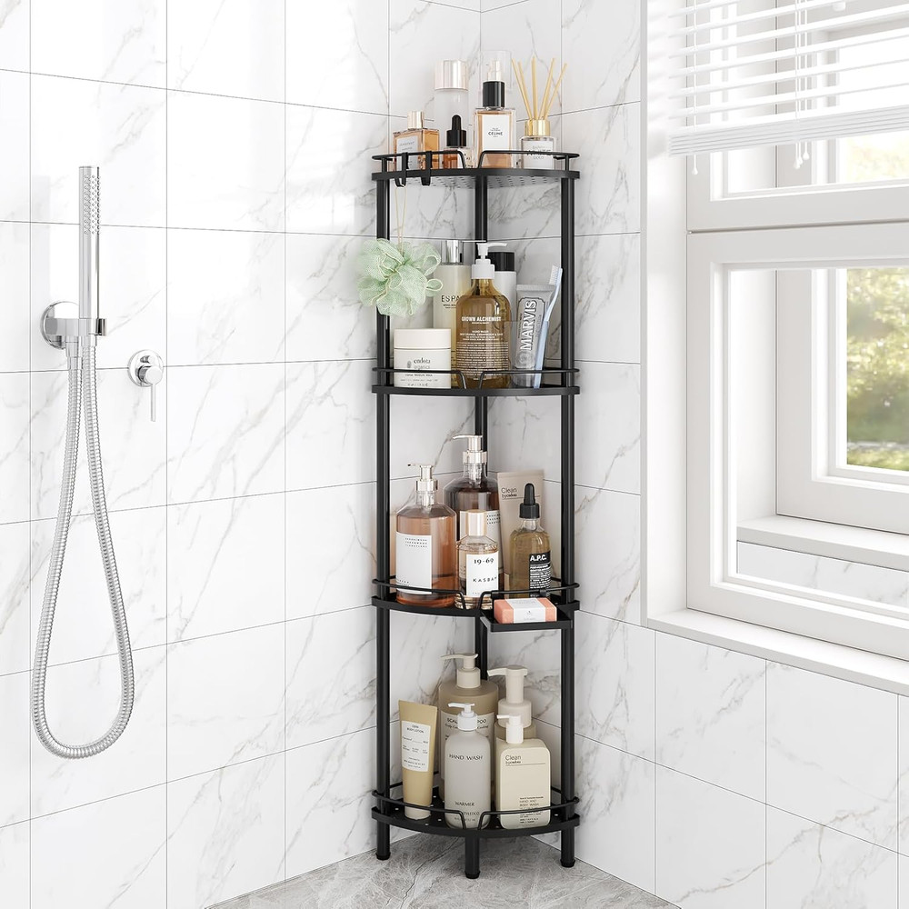 Rustproof 4-Tier Corner Shower Caddy with Hooks & Adjustable Feet - Black