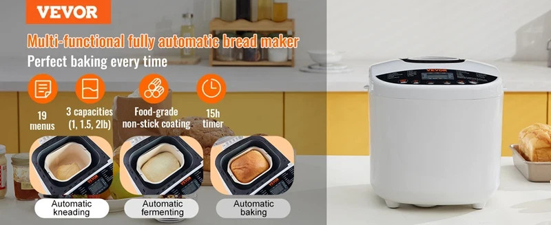 VEVOR 2LB 19-in-1 Bread Maker Automatic Compact Dough Machine Nonstick White