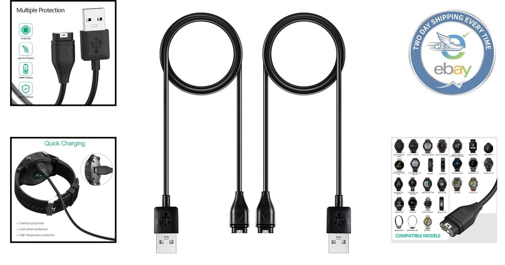 Durable USB Charging Cable for Garmin Watches - 2-Pack with Safety Features