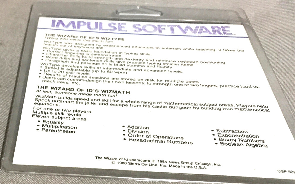 NIB WizType/WizMath Commodore 64/128 Impulse Software published clamshell 1986