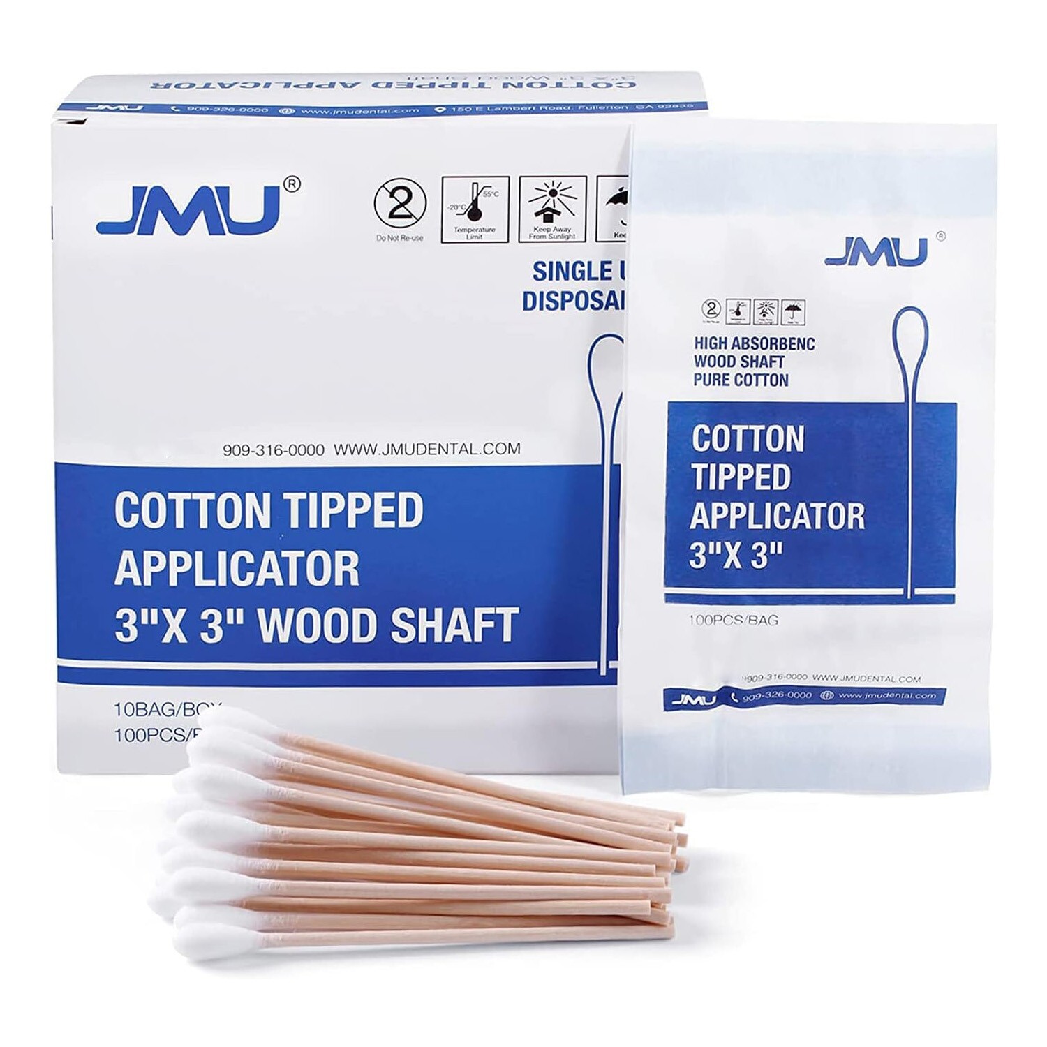 1000Pcs(10 bags) JMU Cotton Swabs Q Tip Applicators Wooden Handle Medical use 3"