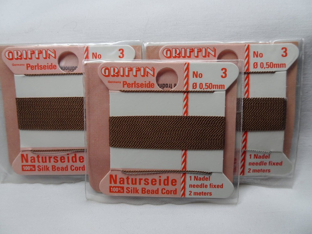 THREE Griffin 100% Silk Thread Cords W/Needle Size 3 Brown G40 DNG