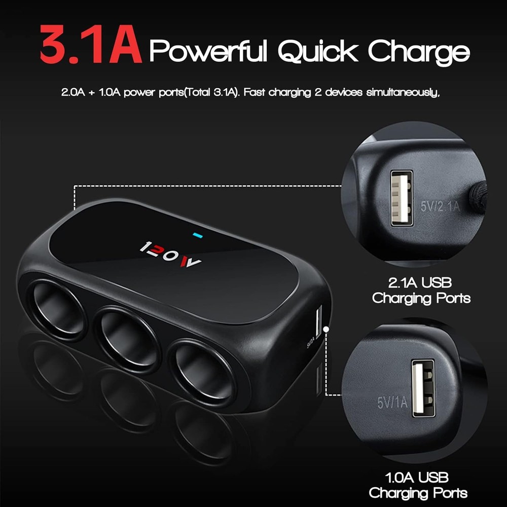3-Socket Car Cigarette Lighter Splitter Adapter, 2 USB Splitter Extender [120W]