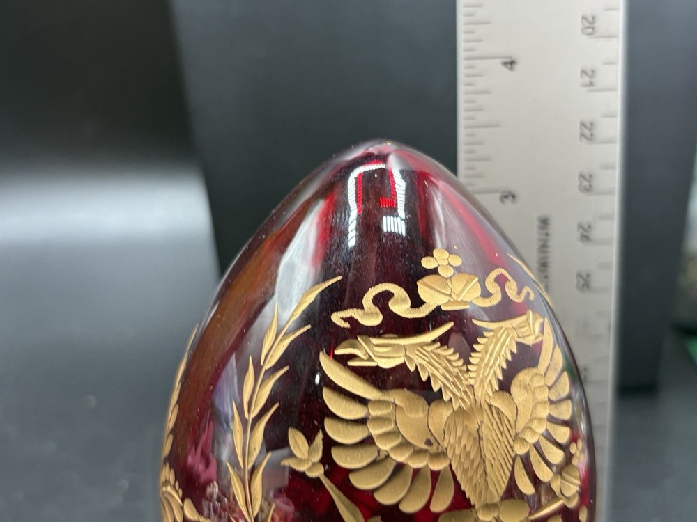 Faberge Egg Etched Ruby Gilt Glass Russian Red & Gold Eagle