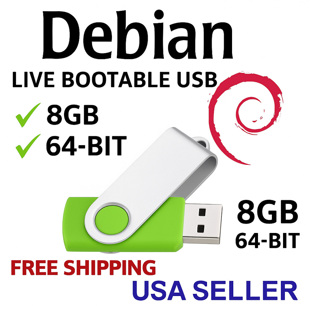 Debian 12 64-Bit — Live Bootable USB (8GB) | Stable Linux for Work & Rescue