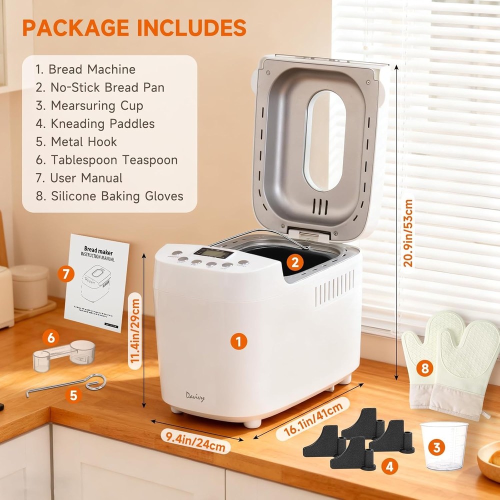 Davivy Bread Maker 3LB 15-in-1 Automatic Bread Machine w/ Silicone Baking Gloves