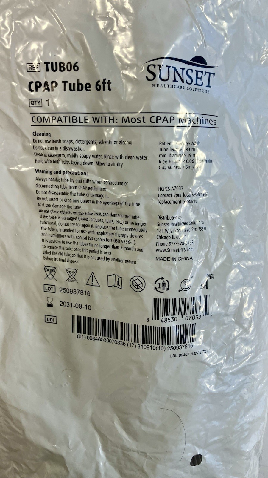 6ft Sunset Durable CPAP Tubing Hose TUB06 ~ NEW - Sealed Package