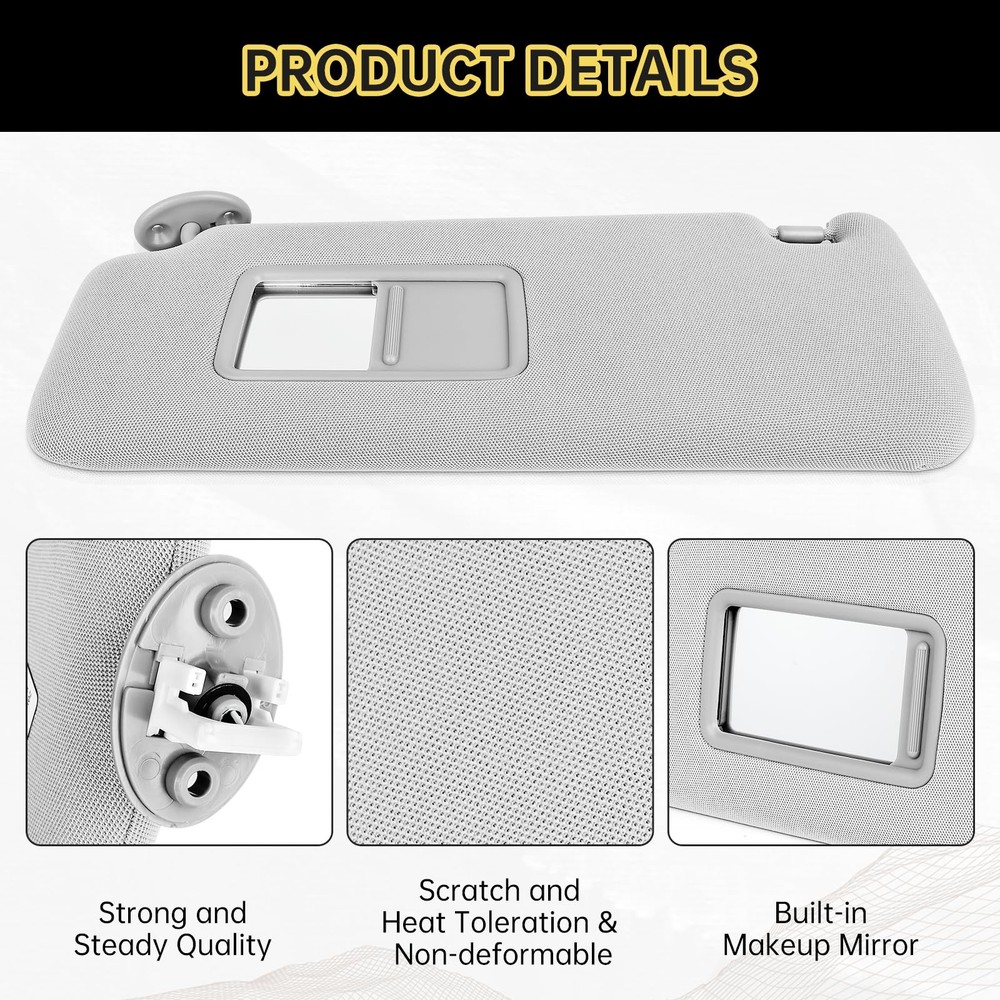 Left Driver Side Sun Visor with Vanity Light Compatible Side, Grey