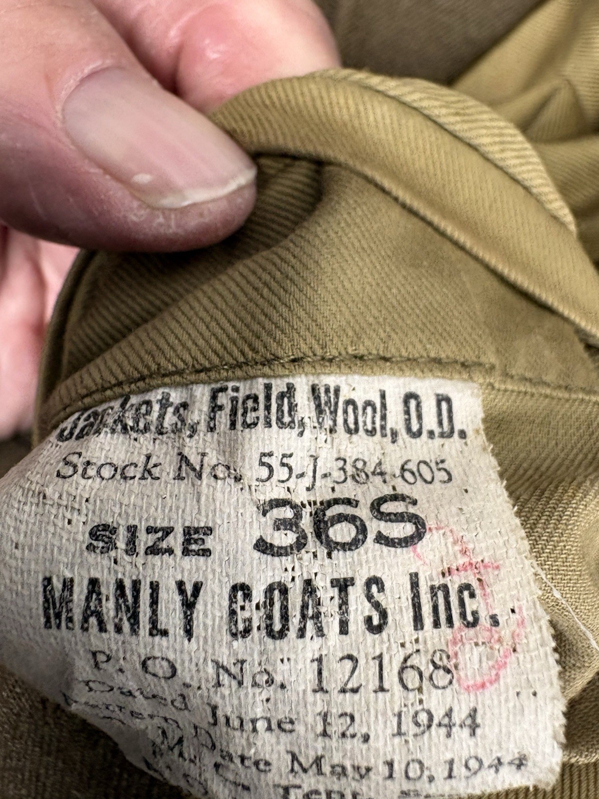 Named WWII 1944 Dated US Army Wool Ike Jacket 36S Original Manly Coats
