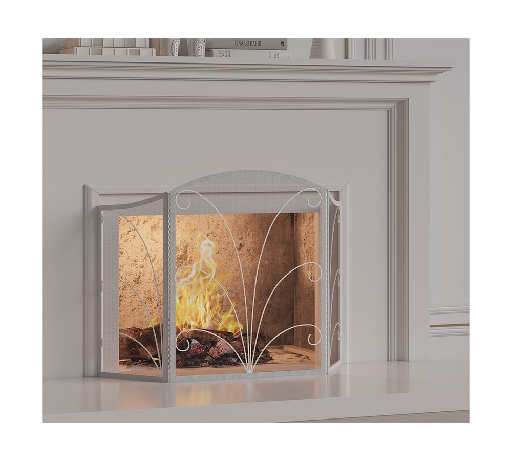 Kingson 3-Panel Arched Fireplace Screen Decorative, Handcrafted Scroll Wrough...