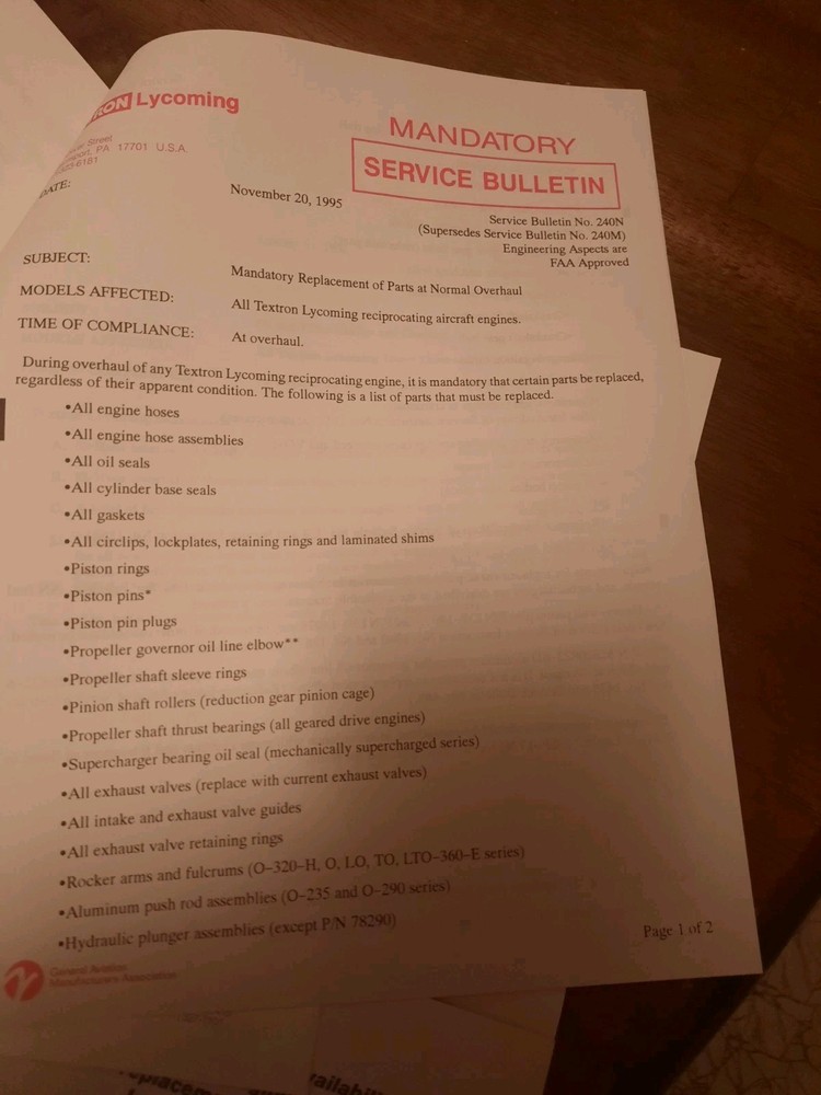 1996 Lycoming Data Pak Service Bulletins