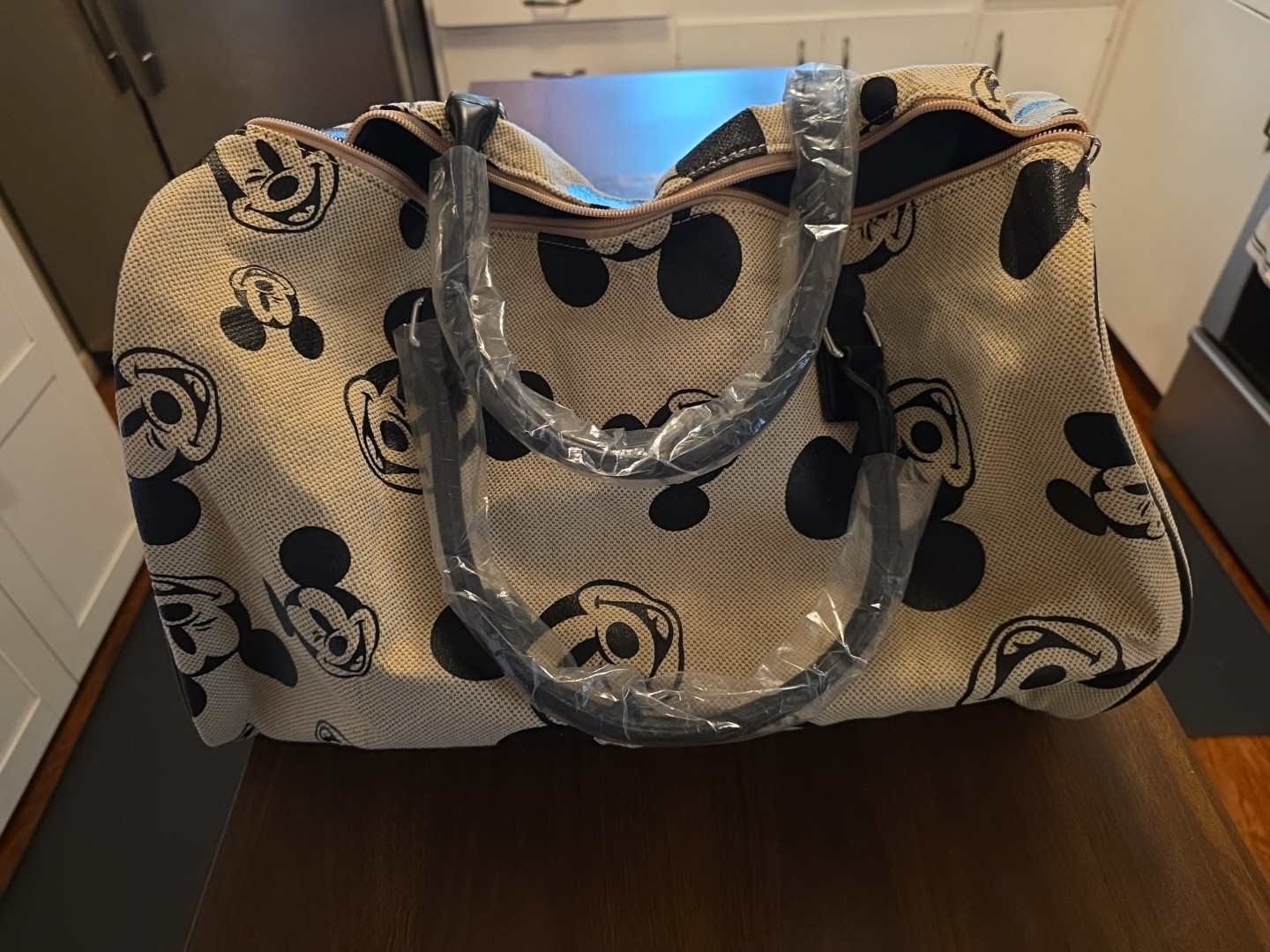 Disney Mickey Mouse Beige Black Shoulder Bag Duffle Canvas Strap