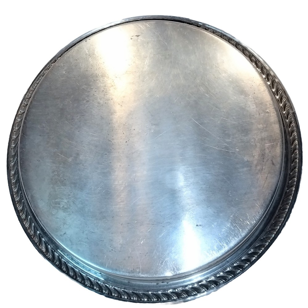 Wm Rogers #670 Silver Plate/Tray, 9 1/2" Round Embossed, Pierced Rim, Vtg. EUC