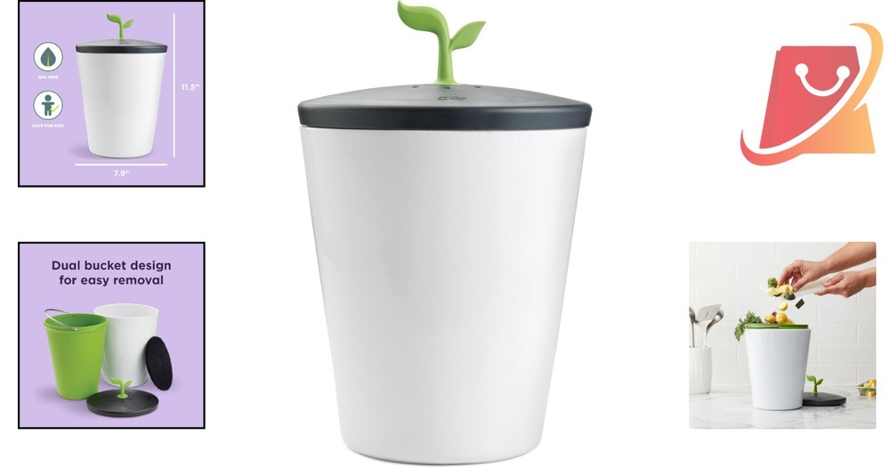 Counter Compost Bin Ceramic 3L Vented Lid Odor Absorbing Kitchen Eco